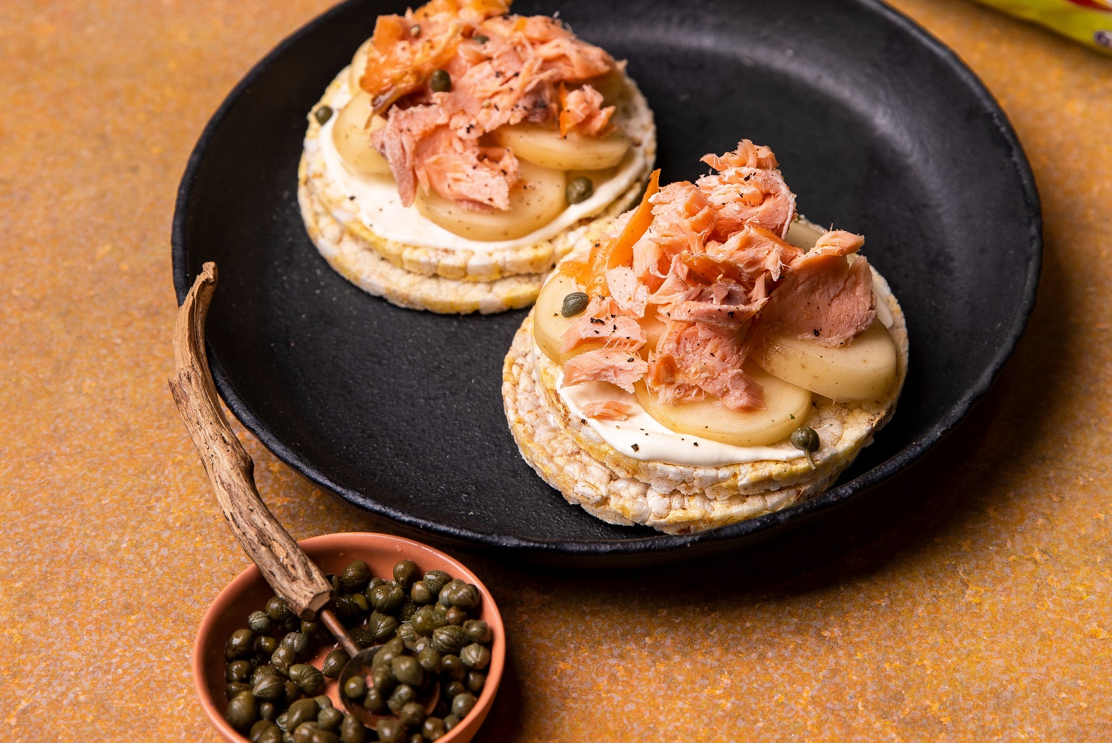 Sour Cream, Boiled Potatoes, Smoked Salmon & Capers on Corn Thins slices for dinner